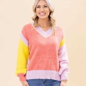 easel Colorblock V-Neck Sweater in Coral, Yellow & Lavender